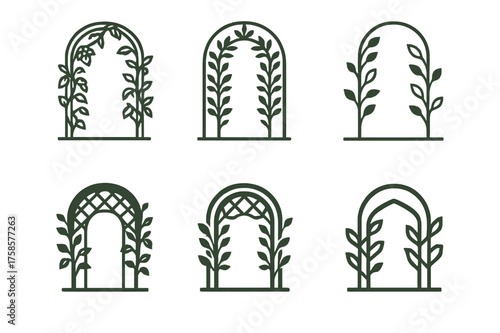 Greenhouse Logos Grid. Building a greenhouse. Set Logo of Building a greenhouse: Entrance arch with trellis and climbing plants. harmonious logo variations of