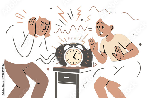 Dynamic Silence Scene. Silent tension. Glowing clock on a nightstand, abstract floating geometric sound waves and light lines emphasizing amplified ticking in