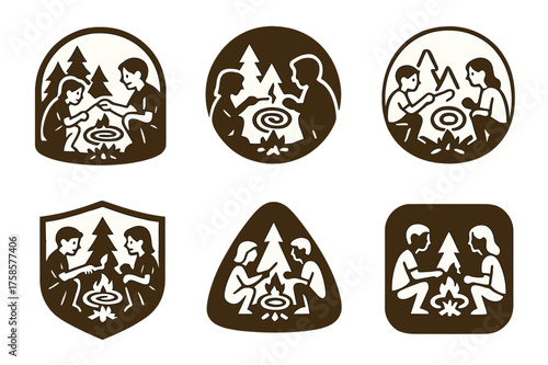 Bug-Repellent Spiral Logos. Lighting a bug-repellent spiral. Set Logo of Lighting a bug-repellent spiral: Campfire-style spiral holder with family enjoying