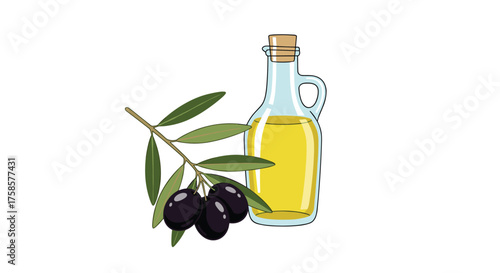 Pure olive oil in a glass bottle with olives and leaves.