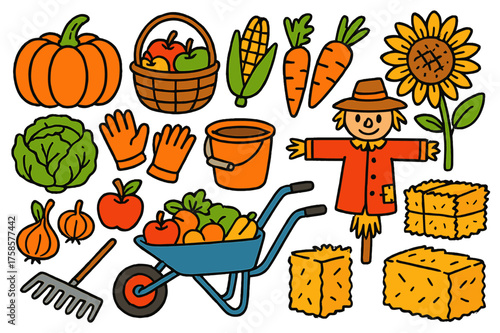 Autumn Harvest Doodles. Autumn Harvest. Colorful Hand-drawn doodle Children illustration Pumpkin, basket, corn, carrots, cabbage, sunflower, rake, gloves,
