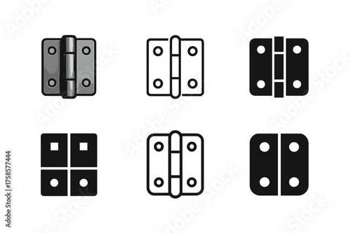 Minimalist Metal Hinge Logos. Hyperrealism Meets Minimalism. Set Logo of Hyperrealism Meets Minimalism: Realistic metallic hinge reduced to a minimal hinge