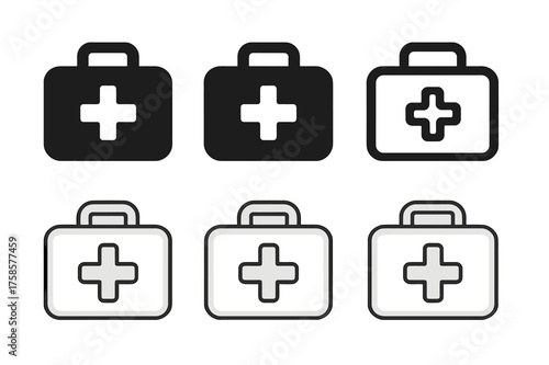 First Aid Icons. Workplace safety and hazard prevention. Set Logo of first aid kit: Filled silhouette, Minimal outline, Symmetrical form, Iconic shape,