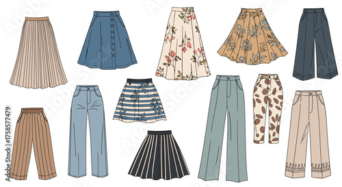 A collection of skirts and pants with various patterns.