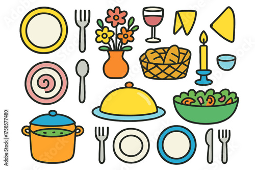 Vibrant Dinner Party Icons. Dinner parties. Colorful Hand-drawn doodle Children illustration plates, forks, spoons, wine glasses, napkins, candles, centerpiece