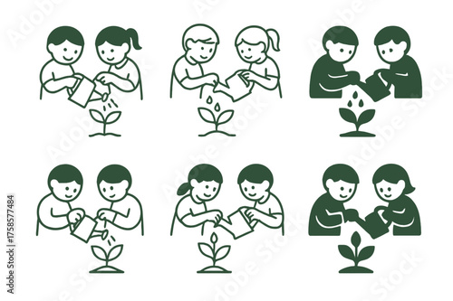 Sustainability Emblem Variations. Children engaging in environmental conservation activities. Set Logo of Sustainability: children watering plants icon.