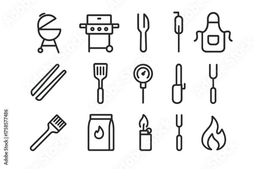 Barbecue Icon Set. Barbecue. Line icon set of Barbecue: charcoal grill, gas grill, smoker, barbecue tongs, spatula, meat thermometer, apron, grill brush,