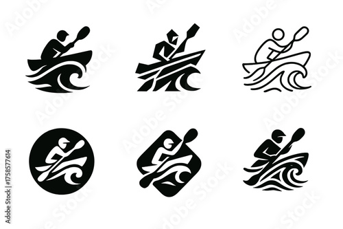 Canoe Logo Variations. Canoeing. Set Logo of Canoeing: Whitewater canoe navigating a rapid wave. harmonious logo variations of the same emblematic concept,