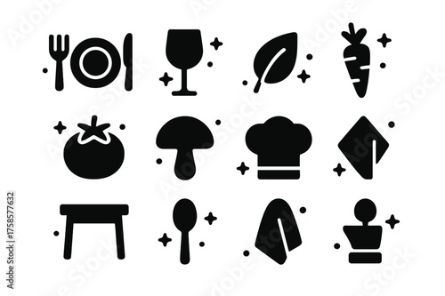 Vegan Icon Set. Gastronomic Vegan. Solid icons set of Gastronomic Vegan: Plate, Fork, Knife, Wine Glass, Leaf, Carrot, Tomato, Mushroom, Chef Hat, Napkin,
