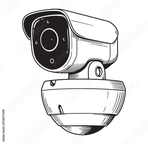 Detailed ink illustration of a security camera surveillance system for crime prevention