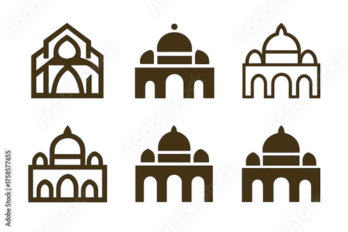 Palace Logo Variations. Royal palaces. Set Logo of Architecture: palace with domes icon. harmonious logo variations of the same emblematic concept, each with