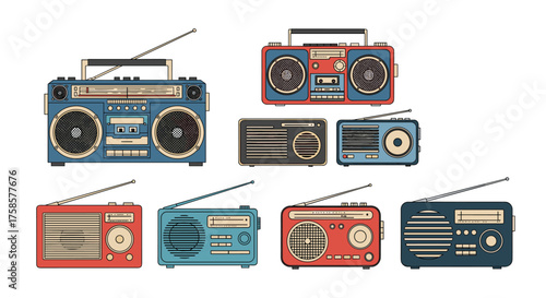 A collection of vintage transistor radios and boomboxes for listening to music.