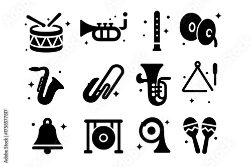 Parade Instruments Icons. Parade Instruments. Solid icons set of Parade Instruments: Drum, Trumpet, Flute, Cymbals, Saxophone, Trombone, Tuba, Clarinet, Bell,