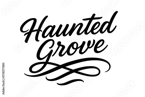 Haunted Grove Typography. Haunted Grove ? Script Hand-Lettering, flowing brush-style cursive with smooth connectors, arched composition, sweeping tails