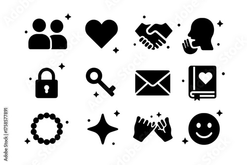 Friendship Secrets Icons. Friendship secrets. Solid icons set of friendship secrets: two people, heart, handshake, whispering face, lock, key, envelope, shared