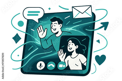 Vibrant Video Call Scene. Tablet video call. Glowing tablet displaying a video call interface, abstract floating geometric icons and light trails emphasizing