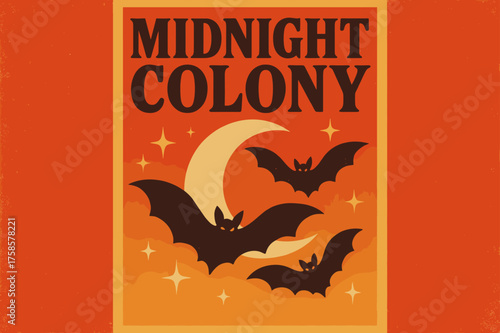 Midnight Colony Vibes. Midnight Colony ? Retro Poster, bold serif vintage style, stacked composition with halftone dots, pastel grain texture, sparkles and