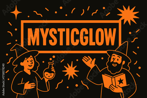 MysticGlow Vector Illustration. MysticGlow banner, flat vector illustration, bold oversized text inside rectangular frame, cartoon characters floating and