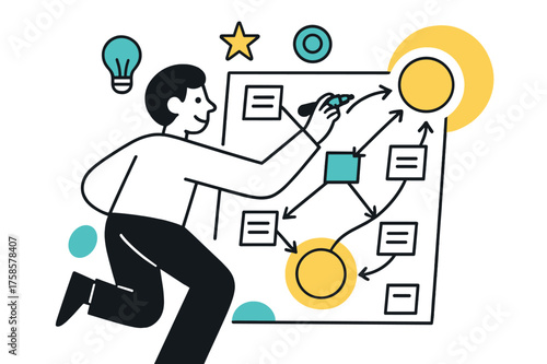 Vision Board Dynamics. Vision mapping. Arrows connecting different notes on a board, glowing circles highlighting goals. A character drawing paths with a