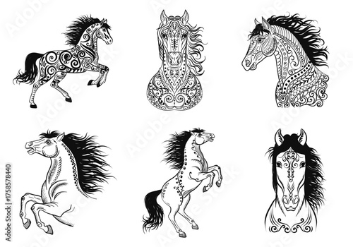 Set of 6 hand drawn horses with intricate zentangle, mandala ornament. Black and white line art for 2026 Year of the Horse. Equine tattoo pack, logo, decorative design, detailed stallion illustrations