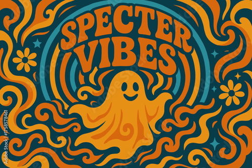 Specter Festival Vibes. Specter Vibes ? 70s Poster, funky curved retro font, wavy stacked letters, concentric circles and swirly misty motifs, floral and star