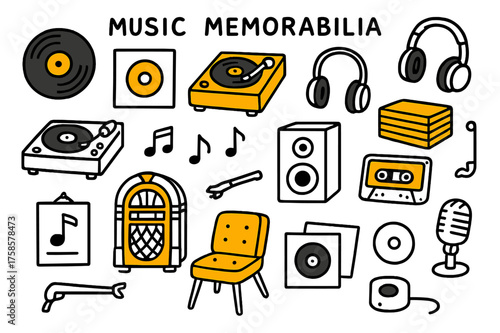 Retro Music Doodles. Music Memorabilia. Hand-drawn doodle illustration music memorabilia vinyl record (accented), album cover, record player (accented),
