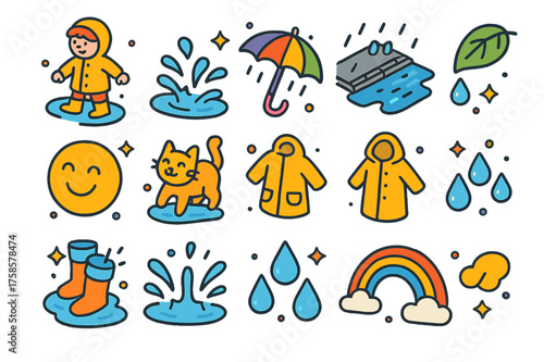 Rainy Day Icons. Rainy day fun. Colorful isometric vector icons set of rainy day fun: child with rain boots, splashing puddle, rain umbrella, wet streets,