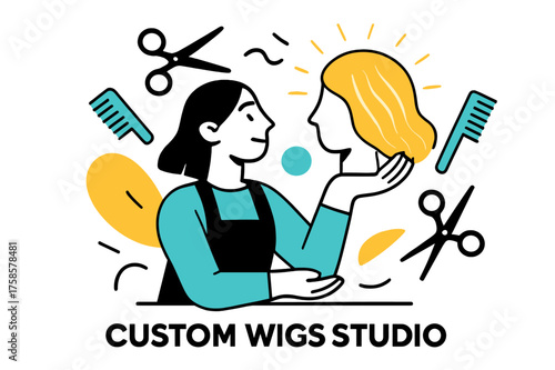 Custom Wigs Studio. Custom wigs studio. A character holding a mannequin head with a glowing, stylish wig. Floating scissors and comb shapes surround,