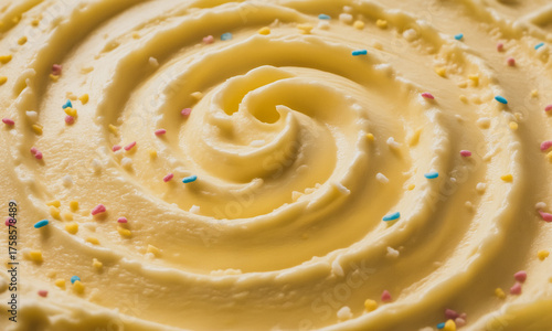 Cake Batter Ice Cream Macro Texture with Scoop Ridges in Circular Swirl, Photorealistic Food Background