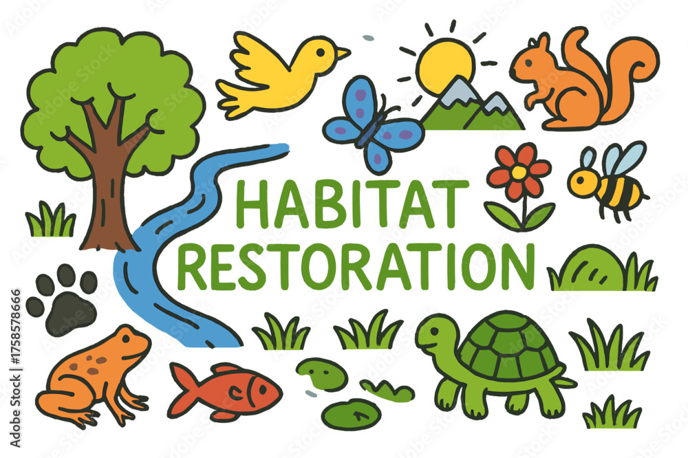 Fototapeta premium Nature's Renewal Doodle. Habitat Restoration. Colorful Hand-drawn doodle Children illustration Tree, river, bird, butterfly, fish, frog, flower, paw print,