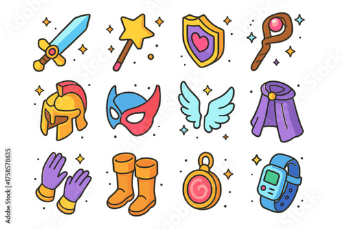 Colorful Cosplay Icon Collection. Cosplay props. Colorful isometric vector icons set of cosplay props: swords, wands, shields, staffs, helmets, masks, wings,