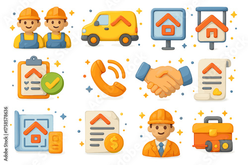 Roofing Contractors 3D Icons. 3D icons set of roofing contractors: roofer team, construction van, company logo sign, work order clipboard, phone hotline,