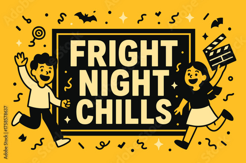 Fright Night Fun. FrightNightChills banner, flat vector illustration, bold oversized text inside rectangular frame, cartoon characters jumping and waving near