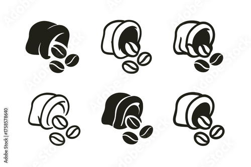 Coffee Logo Designs. Morning coffee ritual. Set Logo of Morning coffee ritual: Sack of coffee beans spilling. harmonious logo variations of the same emblematic