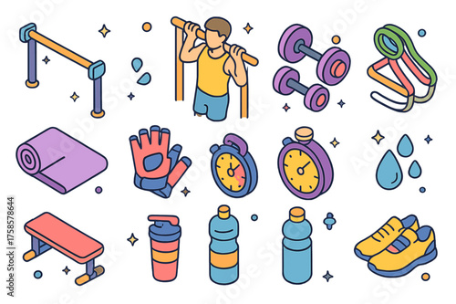 Upper Body Workout Icons. Upper body workout. Colorful isometric vector icons set of upper body workout: pull-up bar, person doing chin-up,