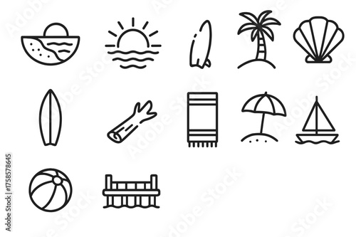 Beach Icons Sunset. Beach sunset. Line icon set of Beach sunset: sand, sun, palm tree, waves, seashell, surfboard, driftwood, towel, umbrella, beach ball,