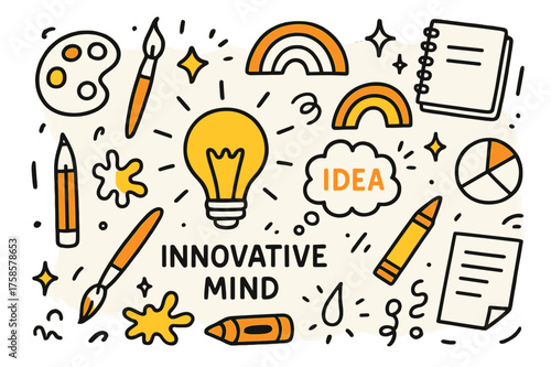 Creative Doodle Collage. Innovative Mind. Hand-drawn doodle illustration innovative mind light bulb (accented), paint palette, pencil (accented), paintbrush,