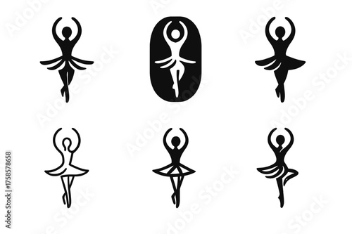 Ballet Logo Variations. A dancer practicing pirouettes in a ballet studio with mirrors. Set Logo of Ballet practice: dance movement lines. harmonious logo