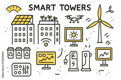 Smart Towers Doodle. Smart towers. Hand-drawn doodle illustration smart towers solar panels (accented), wind turbine (accented), rooftop garden (accented),