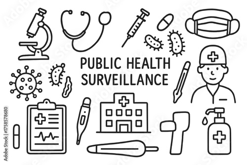 Public Health Tools. Public Health Surveillance. Hand-drawn doodle illustration public health surveillance microscope, stethoscope, syringe, test tube, virus