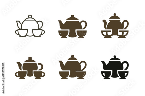 Family Brunch Logos. Family hosting Sunday brunches for grandparents. Set Logo of Family brunch: tea pot and cups. harmonious logo variations of the same