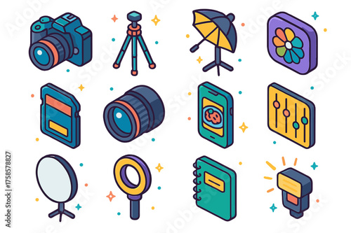 Food Photography Tools Icons. Colorful isometric vector icons set of food photography tools: DSLR camera, tripod, lighting umbrella, photo editing app icon,