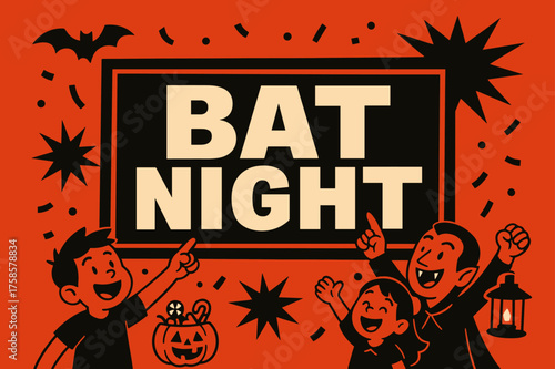 Bat Night Celebration. BatNight banner, flat vector illustration, bold oversized text inside rectangular frame, cartoon characters pointing and cheering near