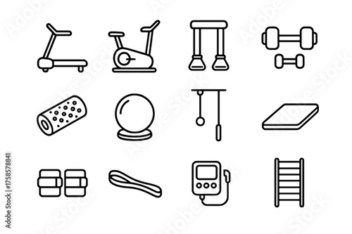 Physiotherapy Equipment Icons. Physiotherapy equipment. Line icon set of Physiotherapy equipment: treadmill, exercise bike, resistance bands, dumbbells, foam