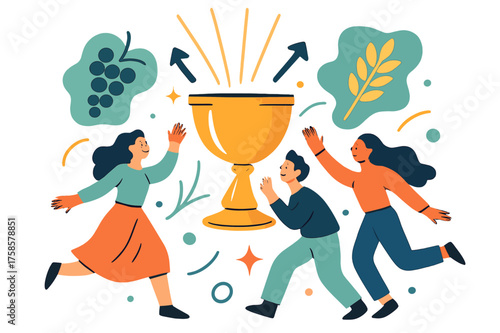 Radiant Chalice Design. Chalice of grace. Golden chalice glowing with light beams rising upward. Floating grapevine and wheat icons forming sacred symbols.