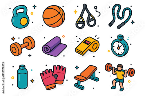 Colorful Training Icons. Functional training. Colorful isometric vector icons set of functional training: kettlebell, medicine ball, suspension trainer, battle