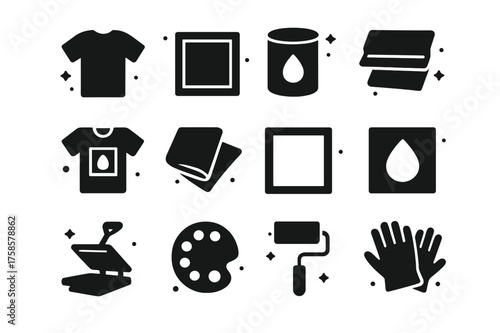Screen Printing Icons. Screen Printing. Solid icons set of Screen Printing: T-Shirt, Screen, Ink, Squeegee, Design, Fabric, Frame, Stencil, Heat Press,