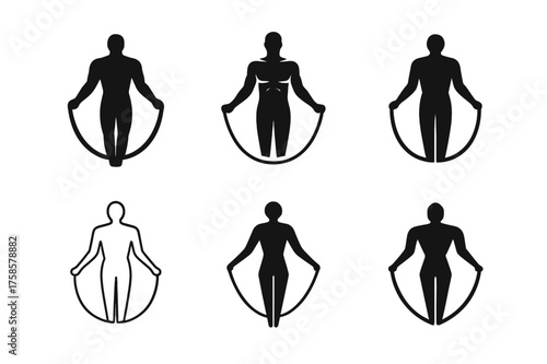 Fitness Logo Variations. Jump rope. Set Logo of Fitness: fitness silhouette with rope. harmonious logo variations of the same emblematic concept, each with