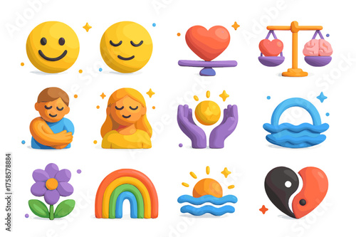 Emotional Balance Icons. Emotional balance. 3D icons set of emotional balance: happy face, calm face, heart in balance, scales with heart and brain, person