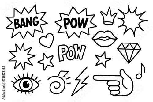 Pop Art Icons. Pop Art Elements. Hand-drawn doodle illustration pop art elements comic bang, pow, zap, heart, starburst, crown, lips, diamond, eye, arrow,